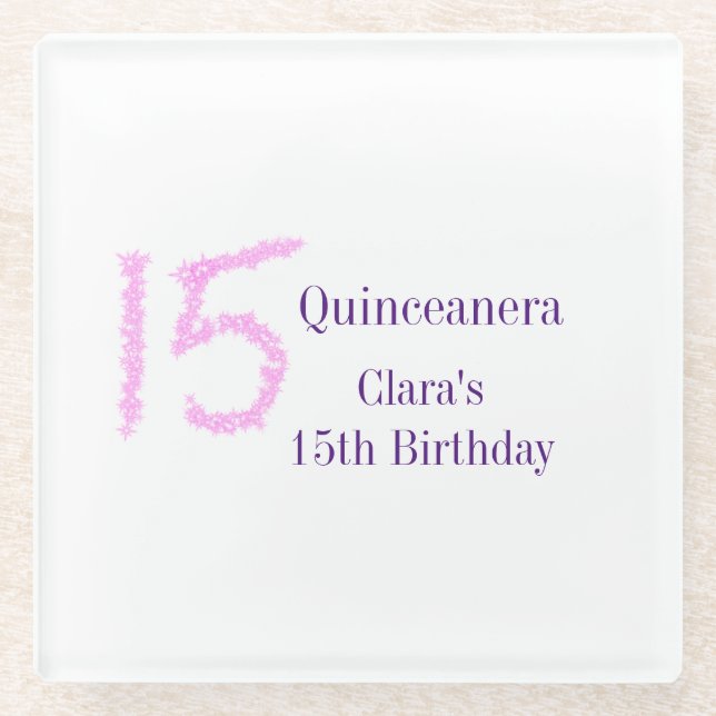 Posavasos De Vidrio Plantilla de purpurina rosa Quinceanera 15 años (Anverso)