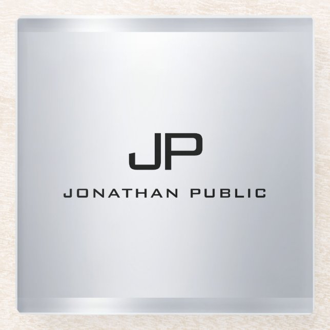 Posavasos De Vidrio Plantilla Monogramada Metallic Silver Look Elegant (Anverso)