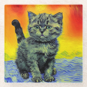 Posavasos De Vidrio Playa de Sunset Cat Style Van Gogh