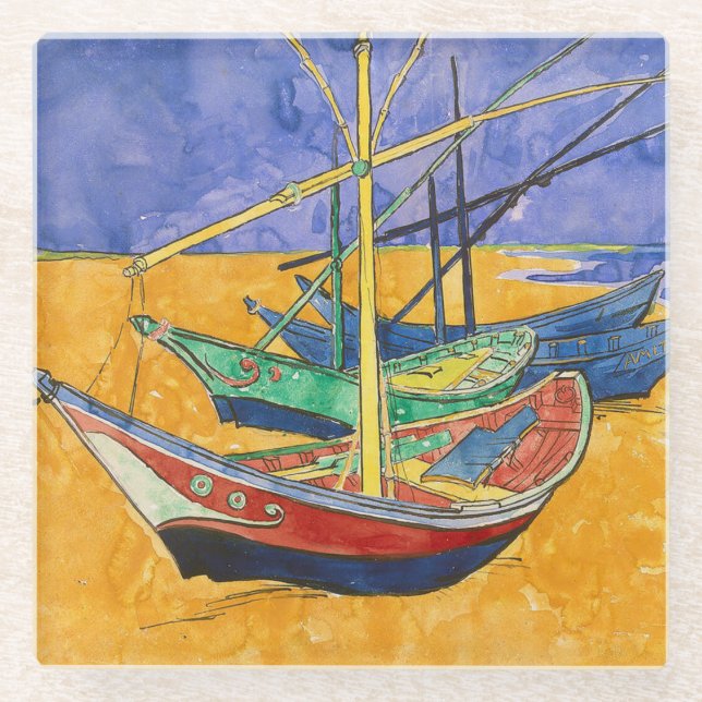 Posavasos De Vidrio Playa del Impresionismo de los barcos Van Gogh (Anverso)