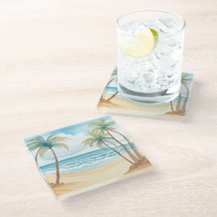 Posavasos De Vidrio Playa Hawaiana   Acuarela Tropical de Palmeras