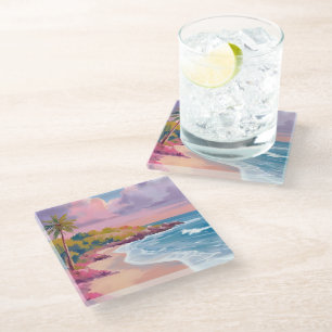 Posavasos De Vidrio Playa Sonrojada Pintura de Océano Rosa