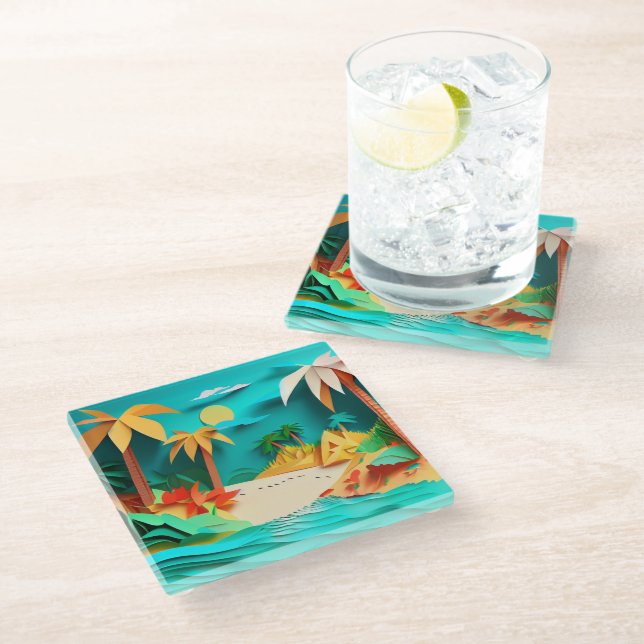 Posavasos De Vidrio Playa Tropical De Papercraft 3 (Angular)