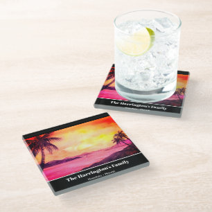 Posavasos De Vidrio Playa Tropical Sunset Watercolor Farida Greenfield