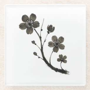 Posavasos De Vidrio Plum Blossom Line Art - Diseño botánico en