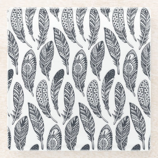Posavasos De Vidrio plumas tribales dibujadas a mano, patrón vintage.