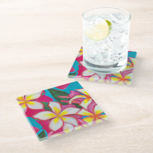 Posavasos De Vidrio Plumerias tropicales en las castras rosas