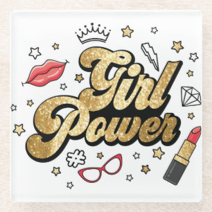 Posavasos De Vidrio Poder chica: Purpurina feminista vintage.