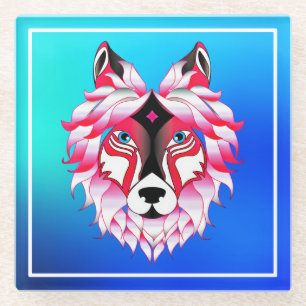 Posavasos De Vidrio Polígono de cabeza de lobo rosa-24531