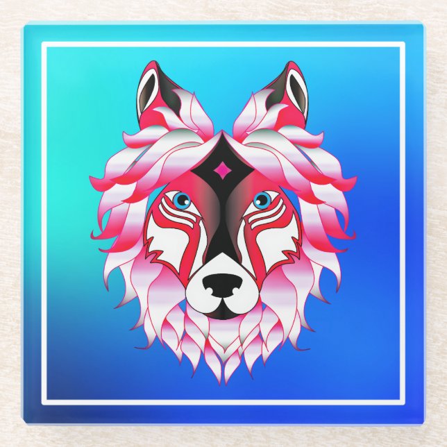 Posavasos De Vidrio Polígono de cabeza de lobo rosa-24531 (Anverso)