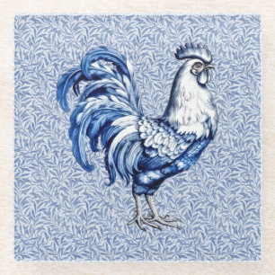 Posavasos De Vidrio Pollo De Gallo Azul Y Blanco Delft