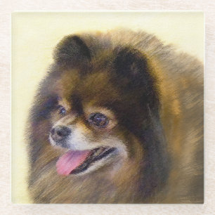 Posavasos De Vidrio Pomerania Negra y Tan Pintura Original de Perro