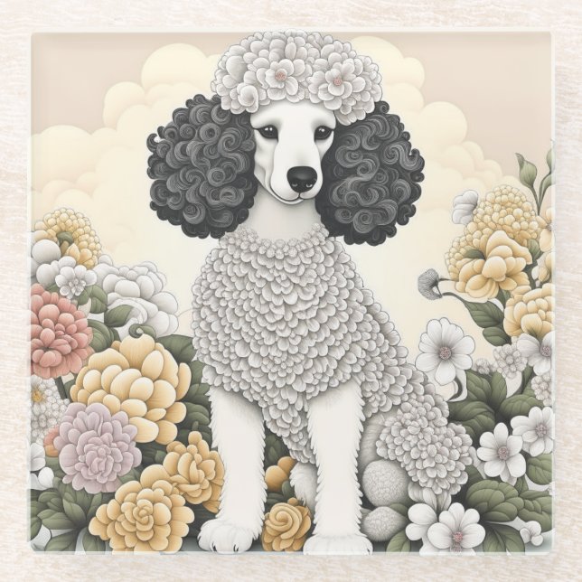 Posavasos De Vidrio Poodle en flores caprichosas (Anverso)