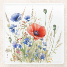 Posavasos De Vidrio Poppies y Cornflowers: Acuarela Rustic Meadow