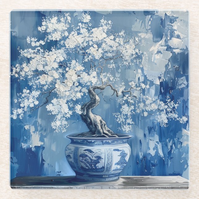 Posavasos De Vidrio Porcelana azul y blanca Chinoiserie Cherry (Anverso)