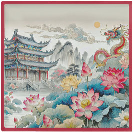 Posavasos De Vidrio PORTACOPAS DE VIDRIO - Un Dragón, Pagoda y Jardín 