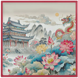 Posavasos De Vidrio PORTACOPAS DE VIDRIO - Un Dragón, Pagoda y Jardín