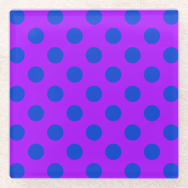 Posavasos De Vidrio Pos de polka azul sobre morado (Anverso)