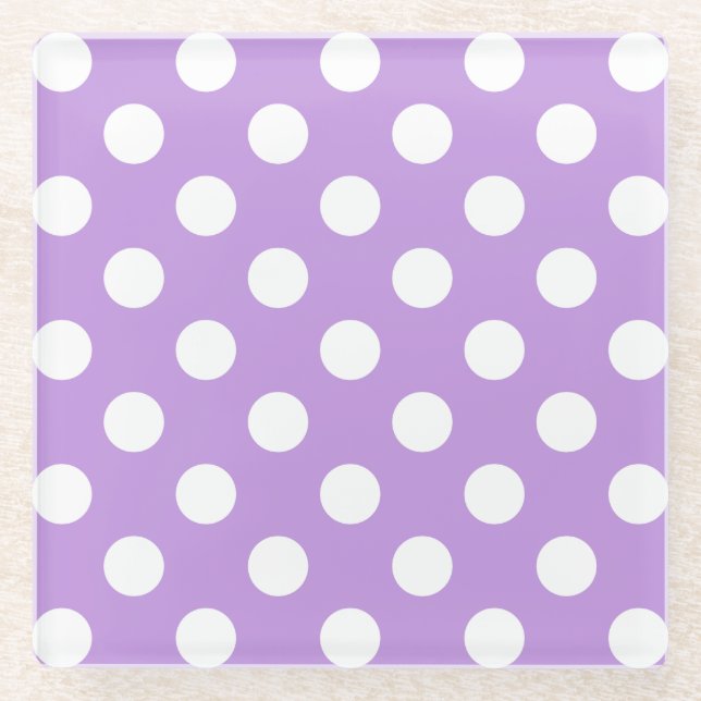 Posavasos De Vidrio Pos de polka blanca sobre lila (Anverso)