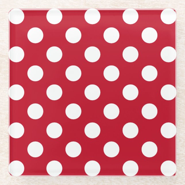 Posavasos De Vidrio Pos de polka blanca sobre rojo (Anverso)