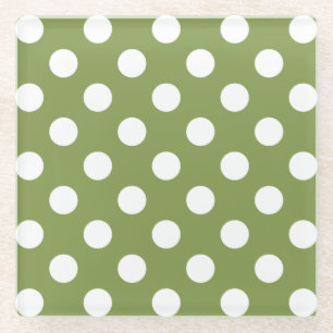 Posavasos De Vidrio Pos de polka blanco sobre el verde oliva