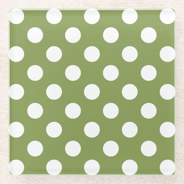 Posavasos De Vidrio Pos de polka blanco sobre el verde oliva (Anverso)