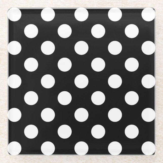 Posavasos De Vidrio Pos de polka blanco sobre negro (Anverso)