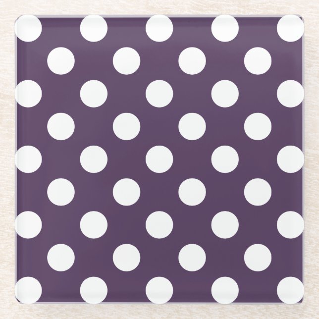 Posavasos De Vidrio Pos de polka blanco sobre púrpura de ciruela (Anverso)