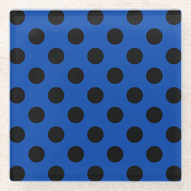 Posavasos De Vidrio Pos de polka negro sobre azul real (Anverso)