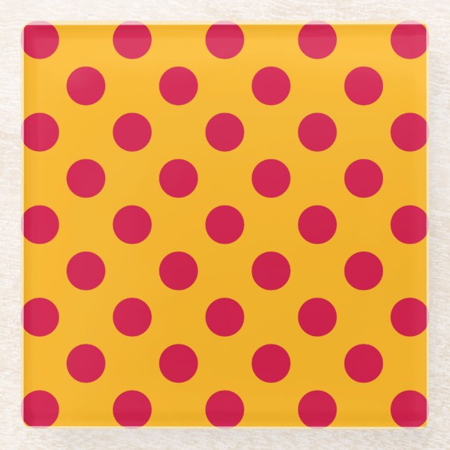 Posavasos De Vidrio Pos rojos de polka sobre amarillo (Anverso)