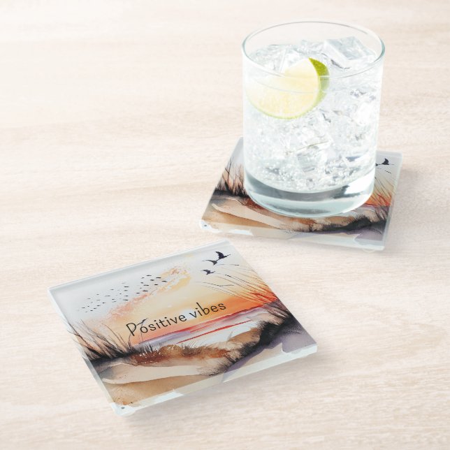 Posavasos De Vidrio Positivo Vibes Beach Sunset con Aves (Angular)