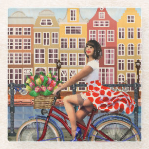 Posavasos De Vidrio Poster de Amsterdam: Ciclismo Chica Pin-Up.