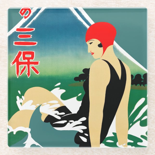 Posavasos De Vidrio Poster japonés de turismo de viajes Chica Art Deco (Anverso)