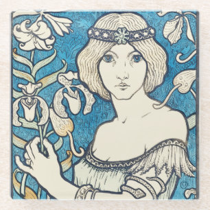 Posavasos De Vidrio Póster vintage de mujer Art Nouveau con flores azu
