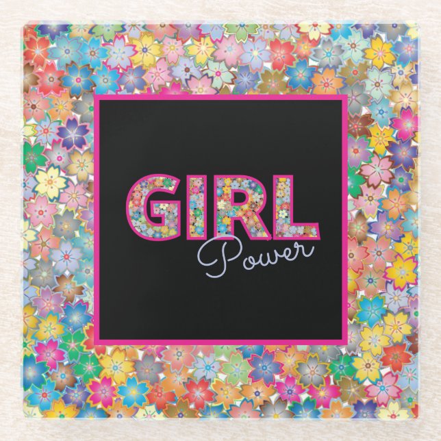 Posavasos De Vidrio Potencia chica | Mujer de Flor Silvestre Rosa (Anverso)