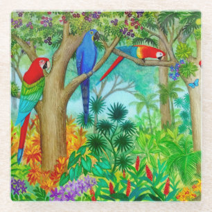 Posavasos De Vidrio Práctico de costa del vidrio de la selva del loro