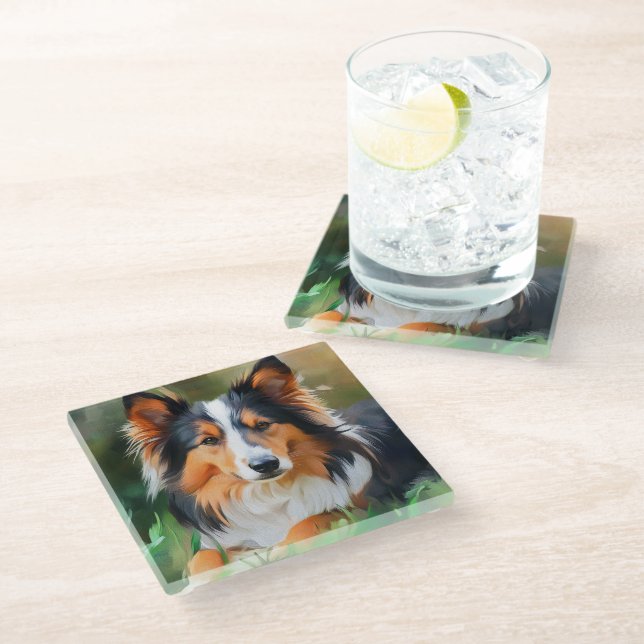 POSAVASOS DE VIDRIO PRECIOSA PINTURA DE UN PERRO SHETLAND SHEEPDOG (Angular)