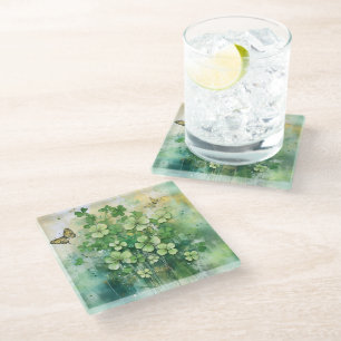 POSAVASOS DE VIDRIO PRECIOSOS TREBOLES IRLANDESES Y MARIPOSAS DELICADO