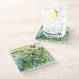 POSAVASOS DE VIDRIO PRECIOSOS TREBOLES IRLANDESES Y MARIPOSAS DELICADO