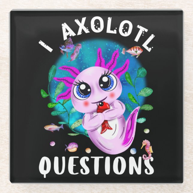 Posavasos De Vidrio Preguntas sobre Axolotl, anfibio rosa de Kawaii (Anverso)