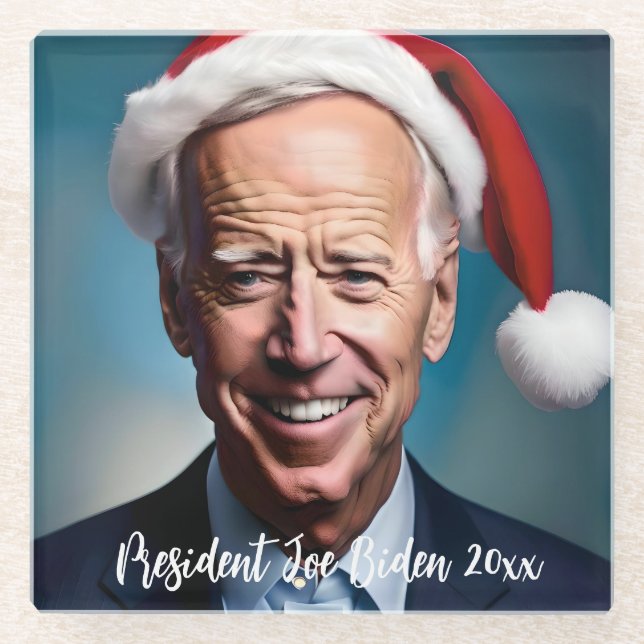 Posavasos De Vidrio Presidente Joe Biden y Santa Hat (Anverso)