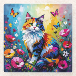 Posavasos De Vidrio Pretty Colorful Impasto Cat and Flowers