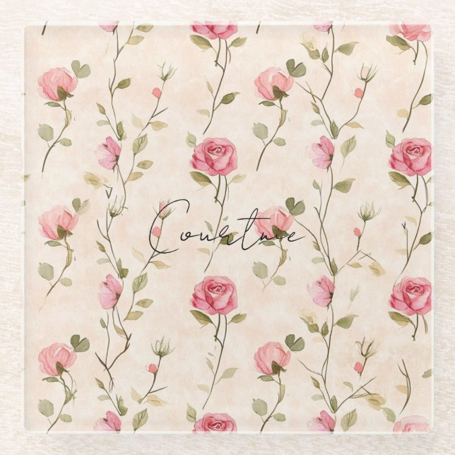 Posavasos De Vidrio Pretty Pink Cream Roses Floral Bridal Shower (Anverso)