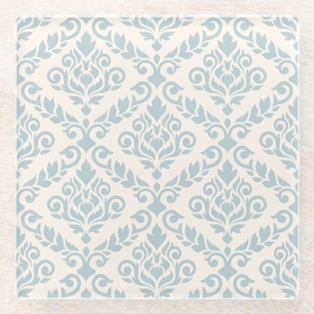Posavasos De Vidrio Prima Damask Pattern Blue en crema (Anverso)