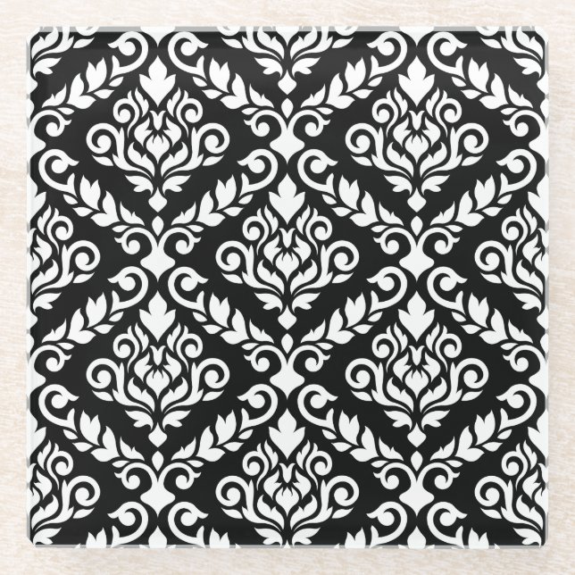 Posavasos De Vidrio Prima Damask Pattern White en negro (Anverso)