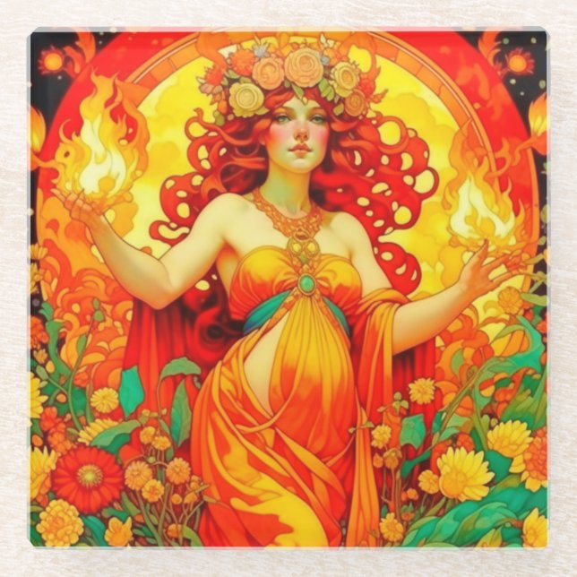 Posavasos De Vidrio Primavera Celta de Art Nouveau Beltane (Anverso)