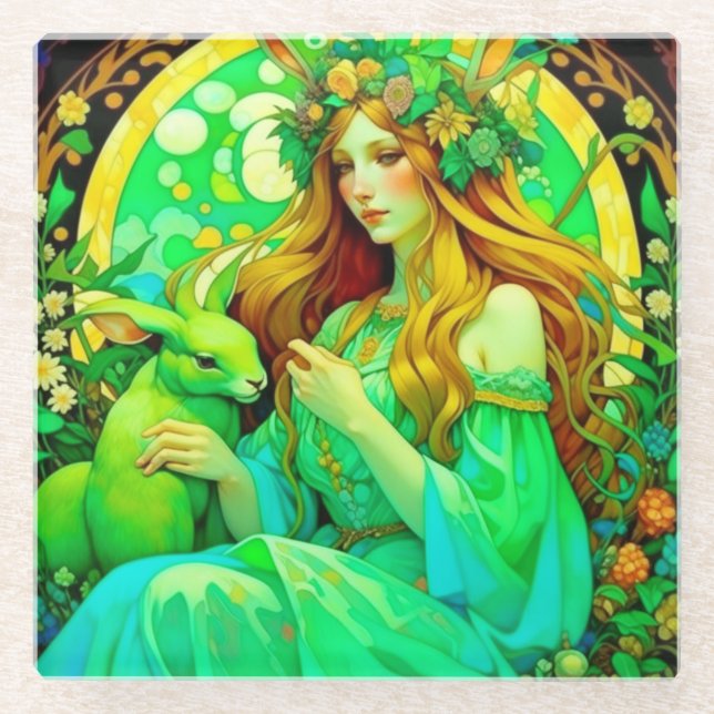 Posavasos De Vidrio Primavera Celta de Ostara en Art Nouveau (Anverso)