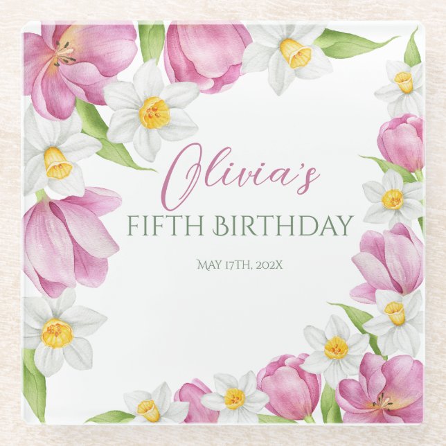 Posavasos De Vidrio Primavera Colorida Flor Niños Cumpleaños (Anverso)