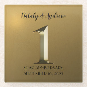 Posavasos De Vidrio Primer aniversario de boda del oro metálico