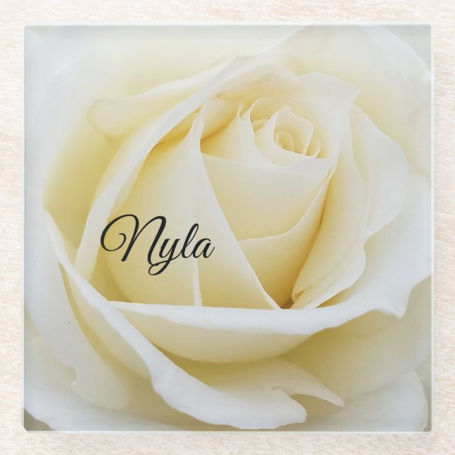 Posavasos De Vidrio Pristina foto de cierre de rosa blanca (Anverso)